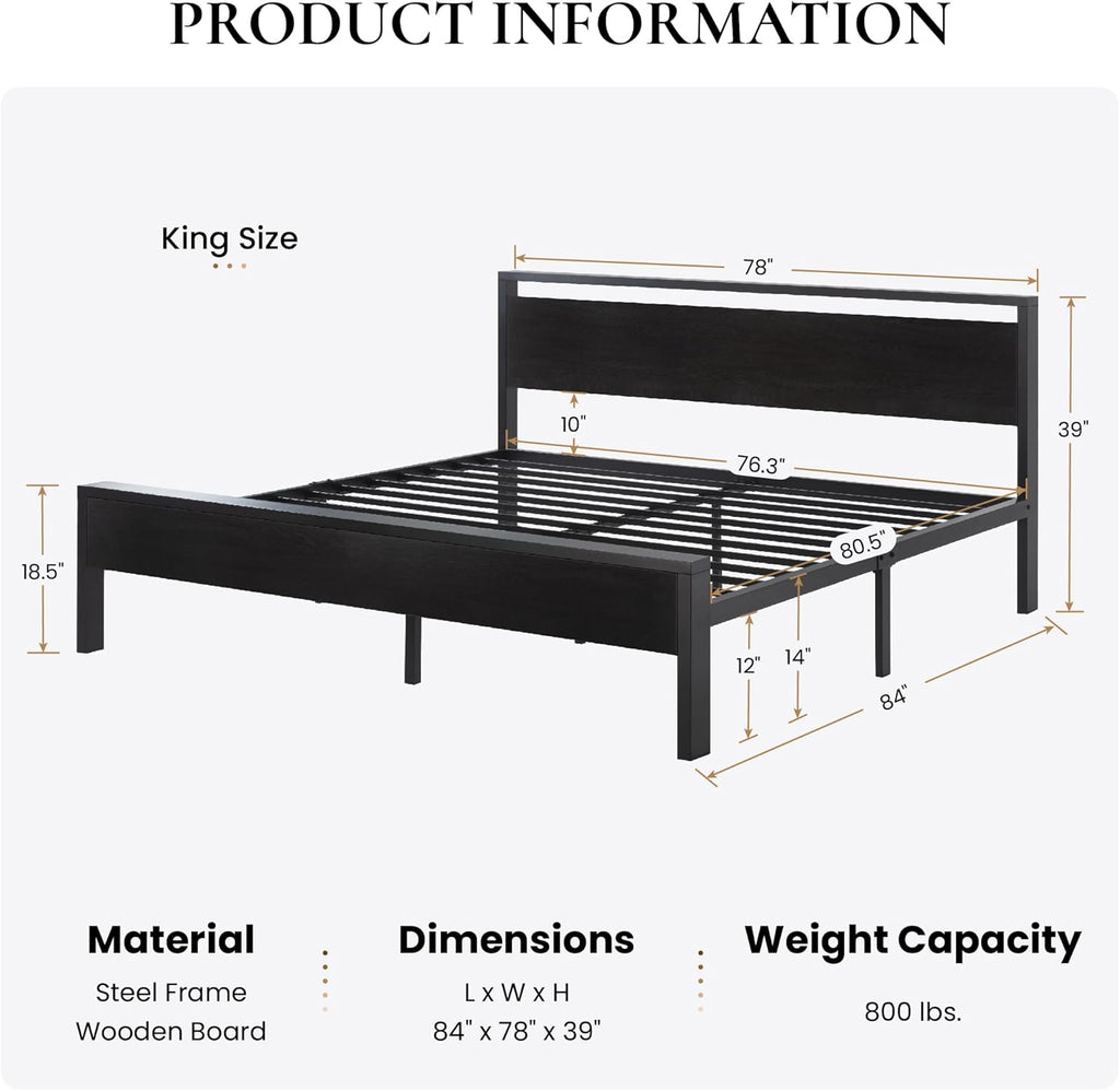 14 Inch King Metal Platform Bed Frame with Wooden Headboard and Footboard, Mattress Foundation, No Box Spring Needed