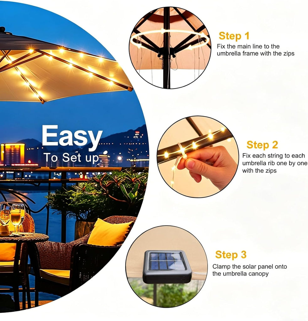 Patio Umbrella Lights Cordless 120 LED Table Umbrella Lights Solar Powered Waterproof Parasol String Lights for 7-11