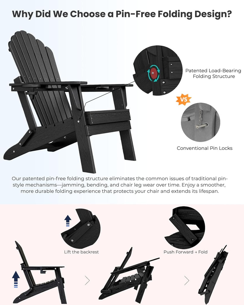 HDPE Folding Adirondack Chair with Dual Cup Holders, Black | Ergonomic High Back HDPE Fire Pit Chair, 380lbs Capacity