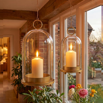 Hurricane Glass Candle Holders Set of 2 with Brass Base (9.8" & 8.1") | Cloche Glass Dome,Vintage Brass