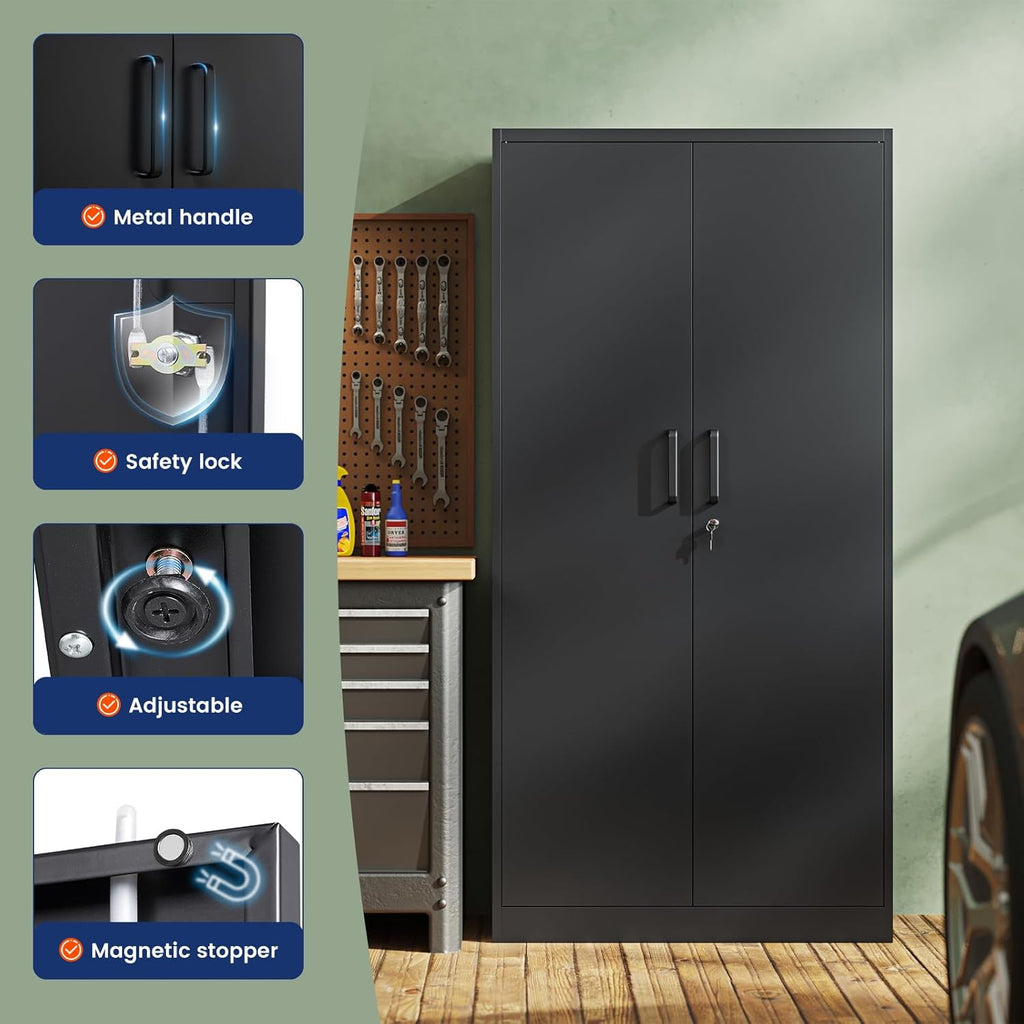 Metal Storage Cabinet with Lock - 72" Garage Storage Cabinet with 2 Locking Doors and 5 Adjustable Shelves, Black