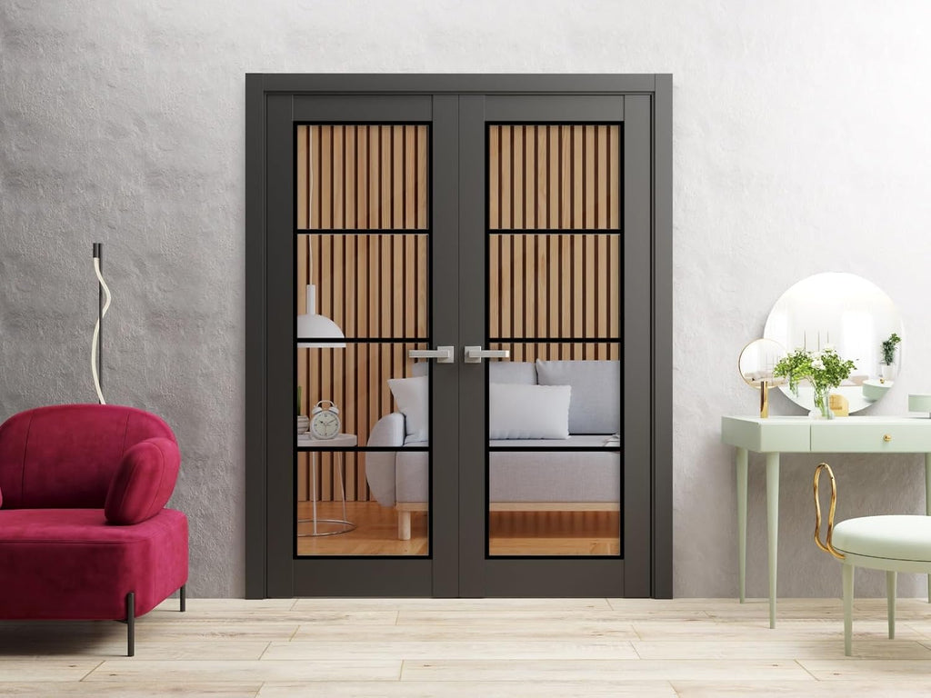 Lucia 2466 | Double Swing Interior French Doors | Clear Glass, Solid Wood | Frame & Hardware Include