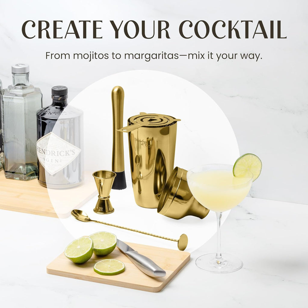 Cocktail Shaker Set with Bamboo Stand - Professional 10-Piece Bartender Kit, Complete Bar Set Use with Jigger
