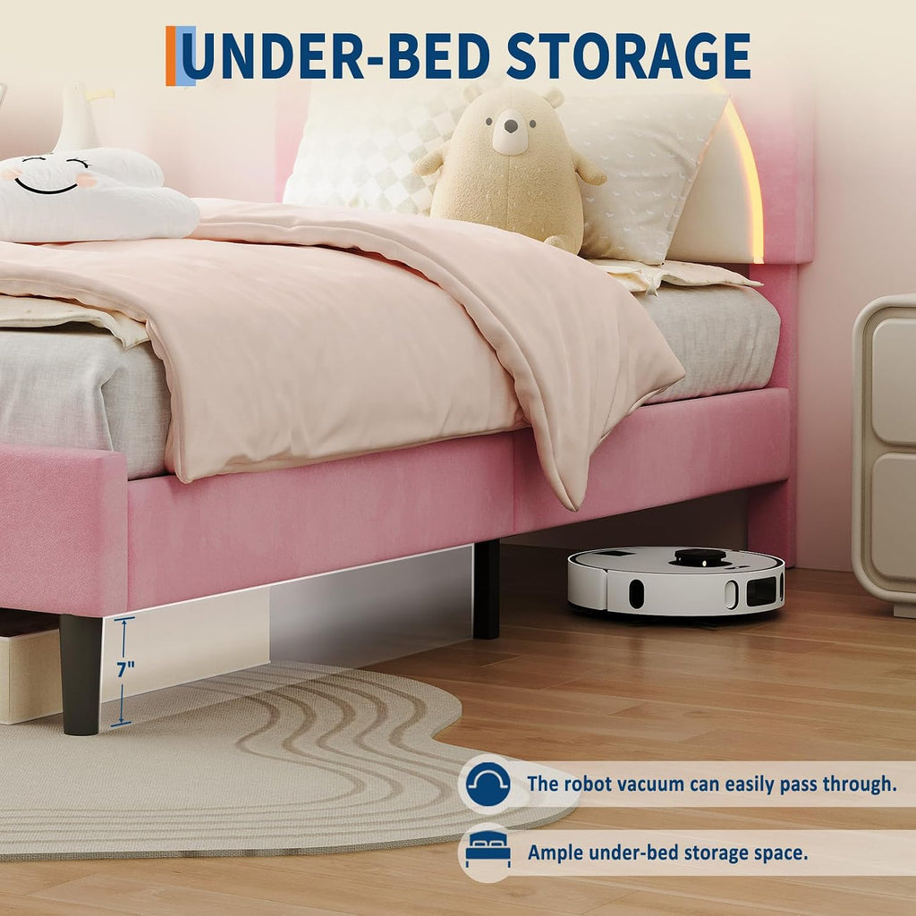 Pink Bed Frame Twin XL Size with LED Lights & Adjustable Headboard | Cute Bear Ear Kids Bed Frames, Velvet