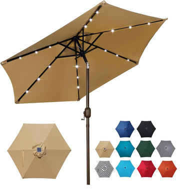7.5 ft Solar Umbrella, 18 LED Lighted Patio Umbrella, Table Market Umbrella - Tan