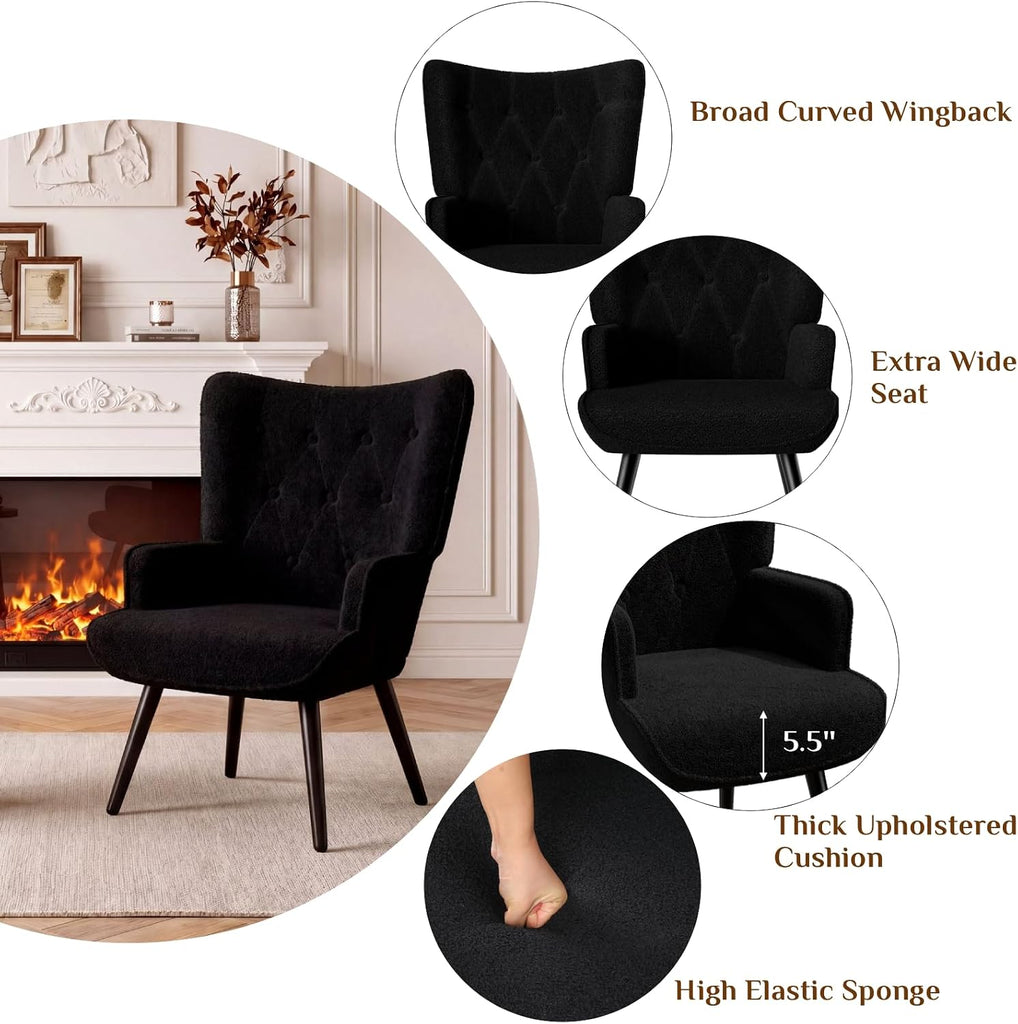 Accent Chair, Upholstered Teddy Fabric Living Room Chairs | High Back Mid Century Modern Accent Chair, Comfy Wingback