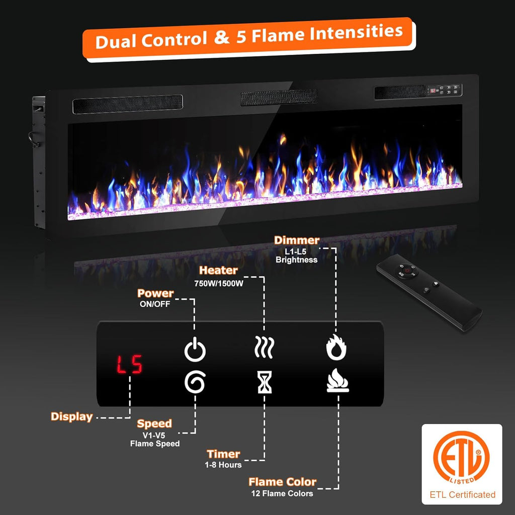 72 Inch Electric Fireplace, Ultra-Thin Fire Places Electric Fireplace Inserts Recessed and Wall Mounted with Remote