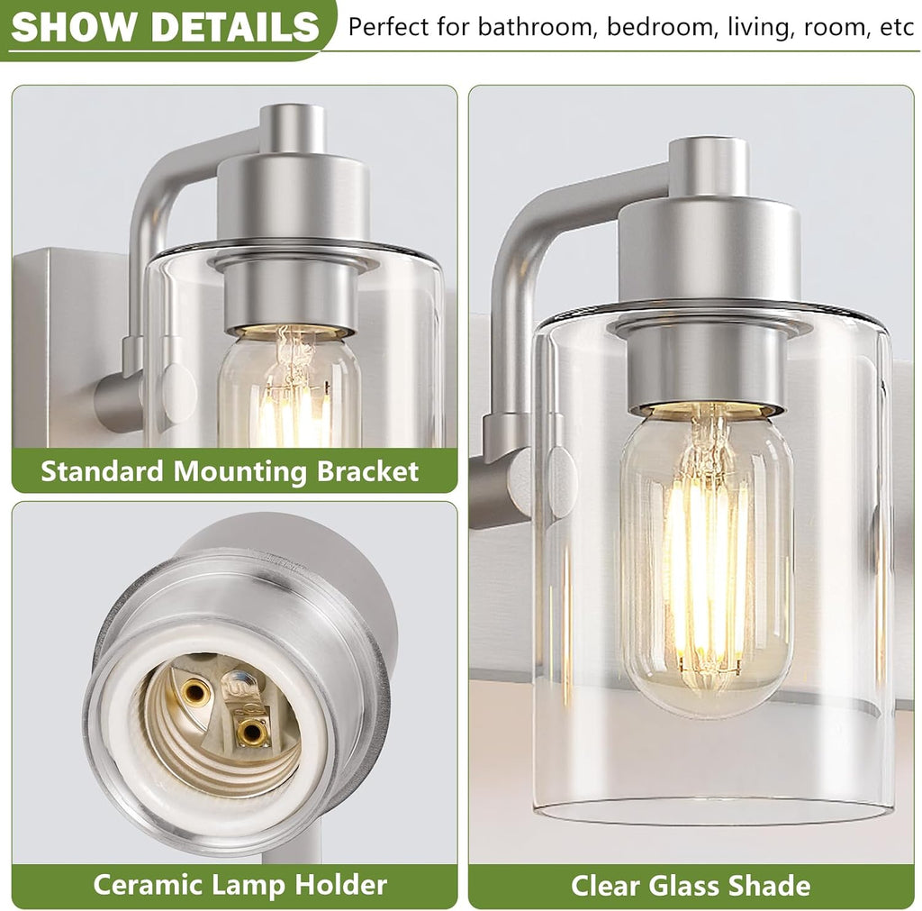 Brushed Nickel Bathroom Light Fixtures, Wall Mounted 4-Light Bathroom Lights Over Mirror with Clear Glass Shade,Wall