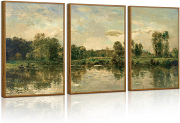 Vintage Landscape Framed Canvas Wall Art Set of 3, French Country Art Prints, Nature Green Trees and Lake Art