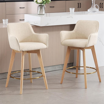 Modern 26" Bar Stools Counter Height Set of 2, Swivel Kitchen Island Tall Chairs with Back, Arm, Footrest and Solid