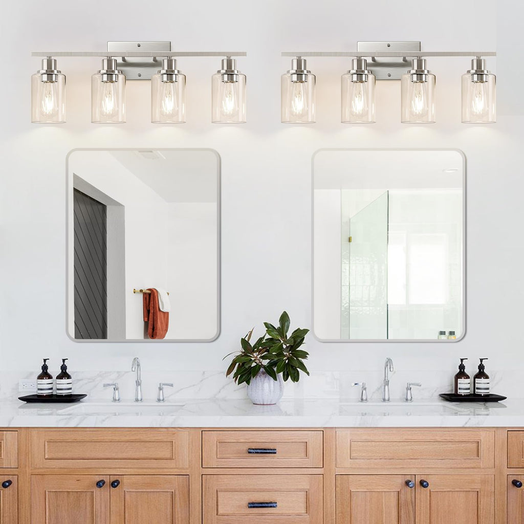 4-Light Bathroom Light Fixtures, Brushed Nickel Modern Vanity Lights with Clear Glass Shades, Bathroom Wall Lamp for