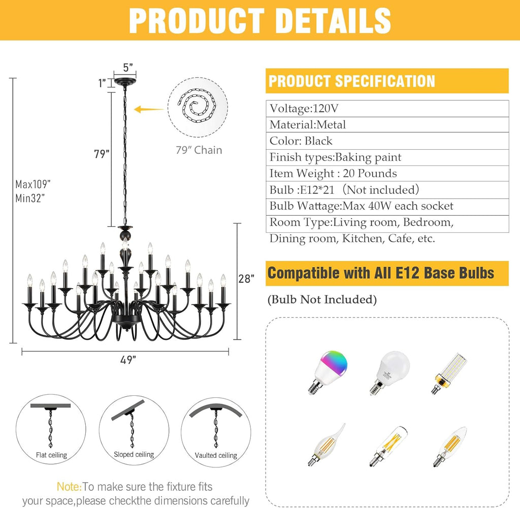 Black Chandelier 21 Light, Large Farmhouse Chandeliers for Dining Room Light Fixtures Over Table, 3 Tier Industrial Candle Hanging Lighting Fixture for Living Room Foyer Staircase Restaurant Villa