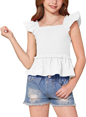 Girls Summer Ruffle Cap Sleeve Square Neck Tank Top Peplum Hem Smocked Cute Babydoll Blouse