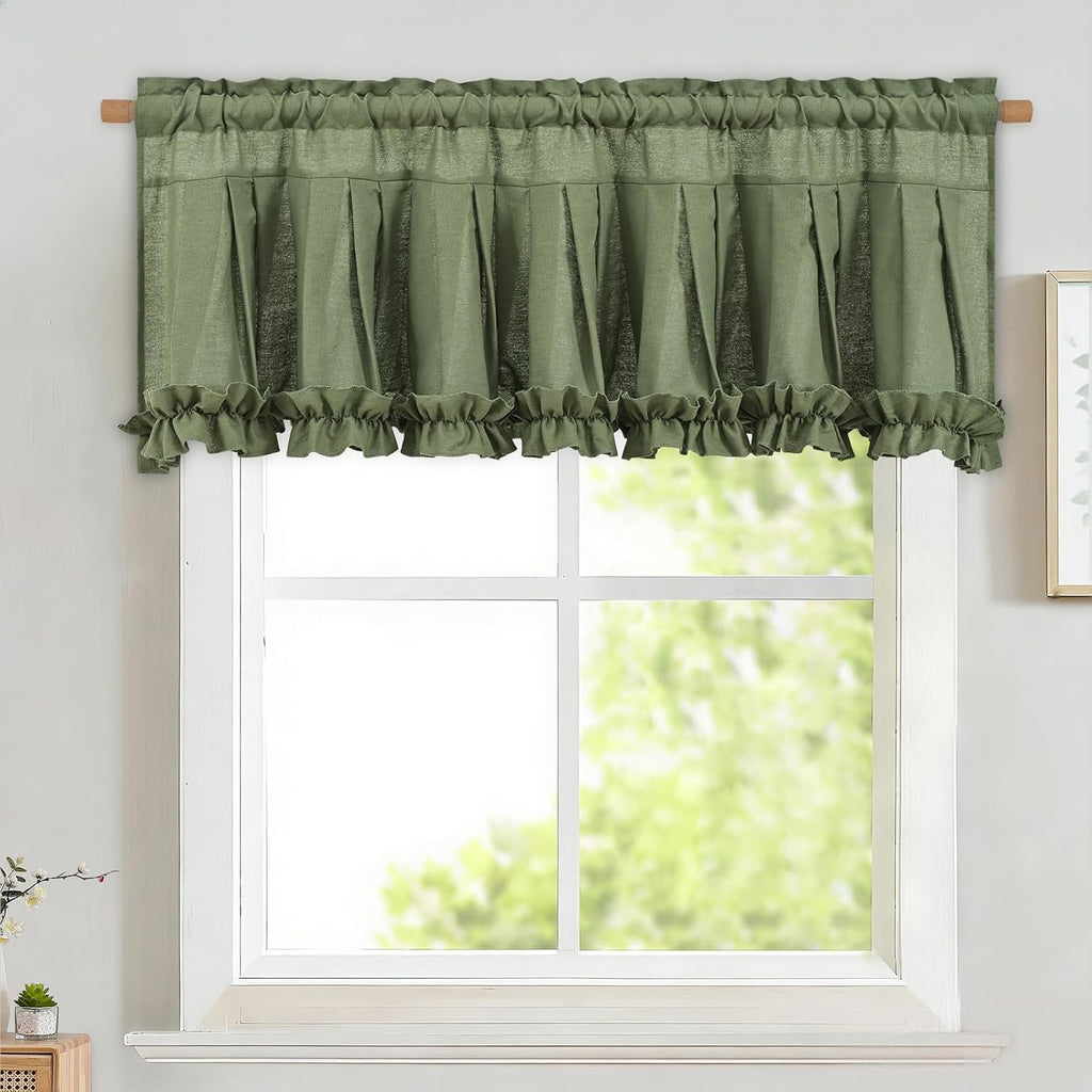 Green linen ruffle valance for windows - Casa Home Living