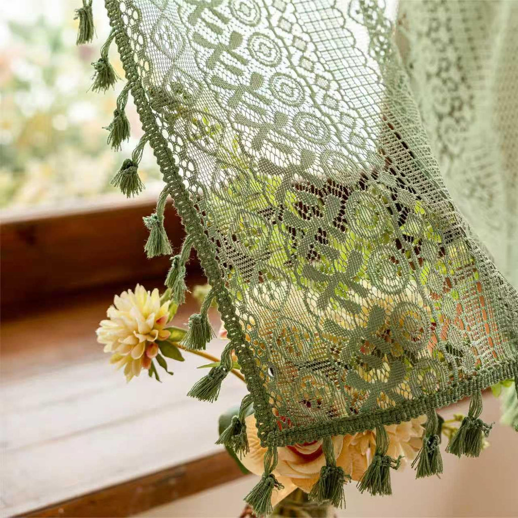 Olive Green Boho Window Curtains Valance 18 inches Long 2 Panels, Farmhouse Lace Sheer Closet Decor Crochet Privacy