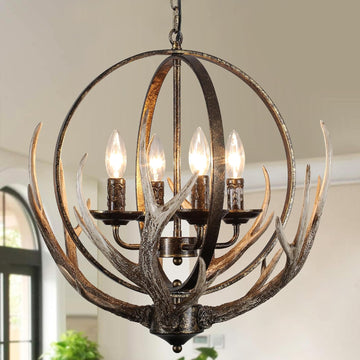 20" Retro Antler Chandelier, 4-Light Rustic Farmhouse Black Chandeliers Adjustable Height for Dining Room Kitchen