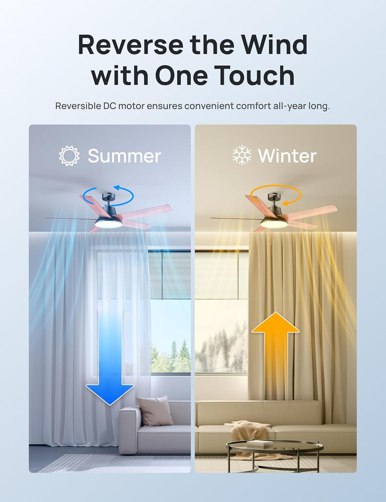 Smart Ceiling Fan with Lights, 52 Inch, 12 Speeds & 3 Fan Modes, Stepless, Dimmable LED Light, Timer