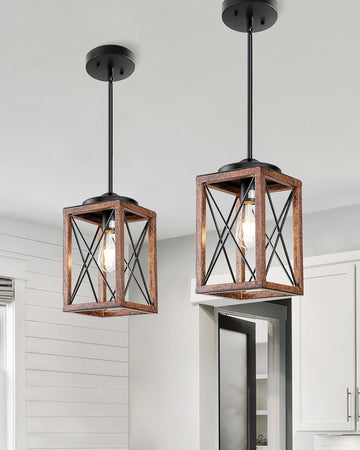 2 Pack Farmhouse Pendant Light, Metal Hanging Light Fixture with Wooden Grain Finish, 48 Inch Adjustable Pipes for Flat and Slop Ceiling, Kitchen Island, Bedroom, Dining Hall, ETL Listed