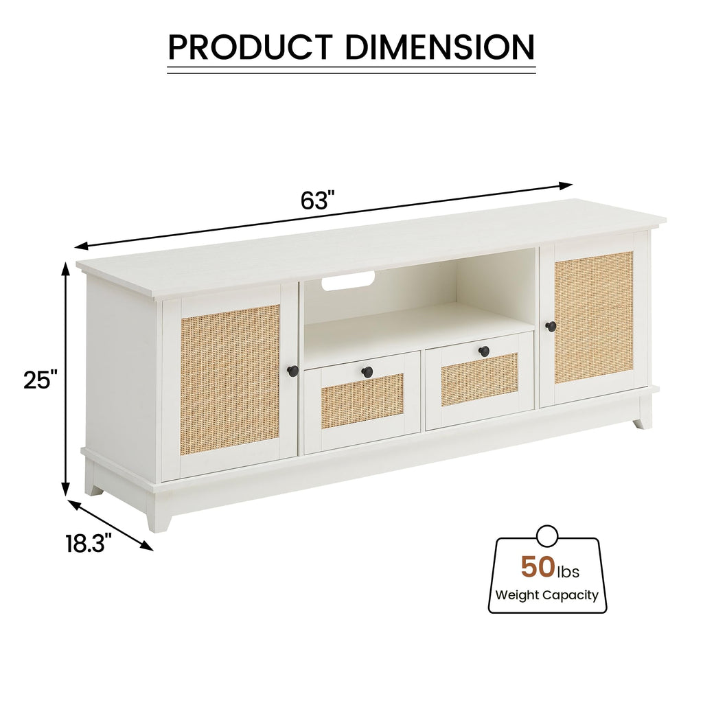Rattan TV Stand for 65 Inch TVs, White Desktop