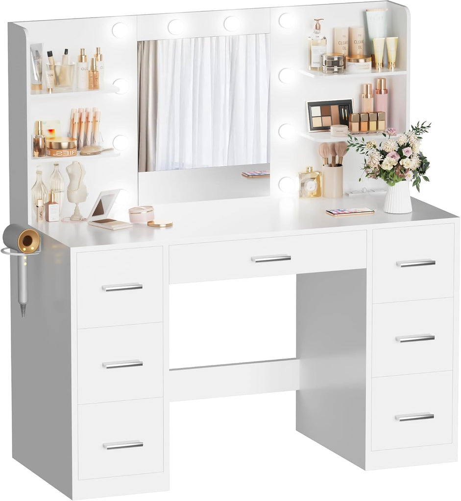 Makeup Vanity Desk with Mirror and 10 Lights, Table with 7 Drawers and 4 Open Shelves, 3 Color Modes and Adjustable