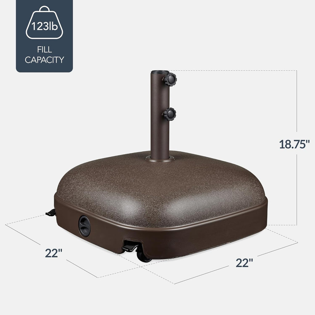 123lb Capacity Fillable Mobile Umbrella Base, Heavy Duty Market Stand Easy to move w/ 4 wheels - Dome Square Brown