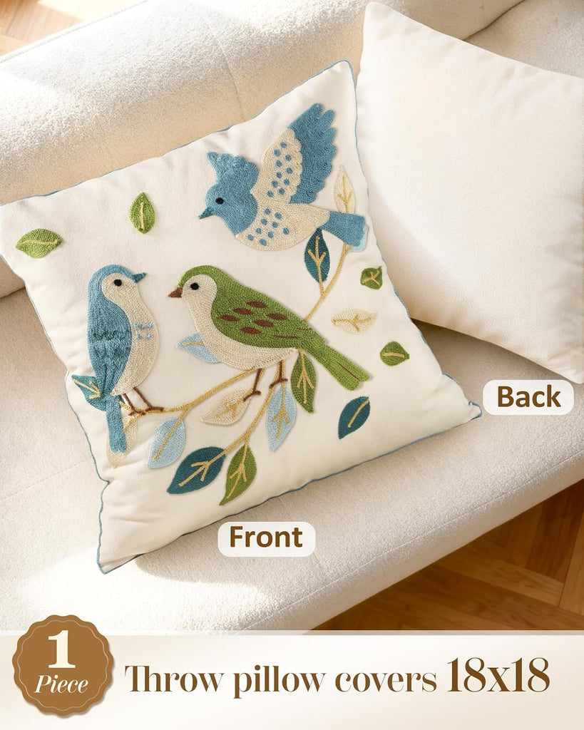 Embroidered Throw Pillow Cover 18x18 Inch - Summer Farmhouse Decorative Pillow Covers with Zipper, Birds Leaves