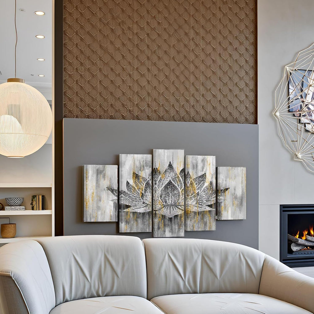 5 Panel Lotus Flower Wall Art Trendy Silver Golden Flower Painting Canvas Prints Zen Lotus Picture Artwork Yoga