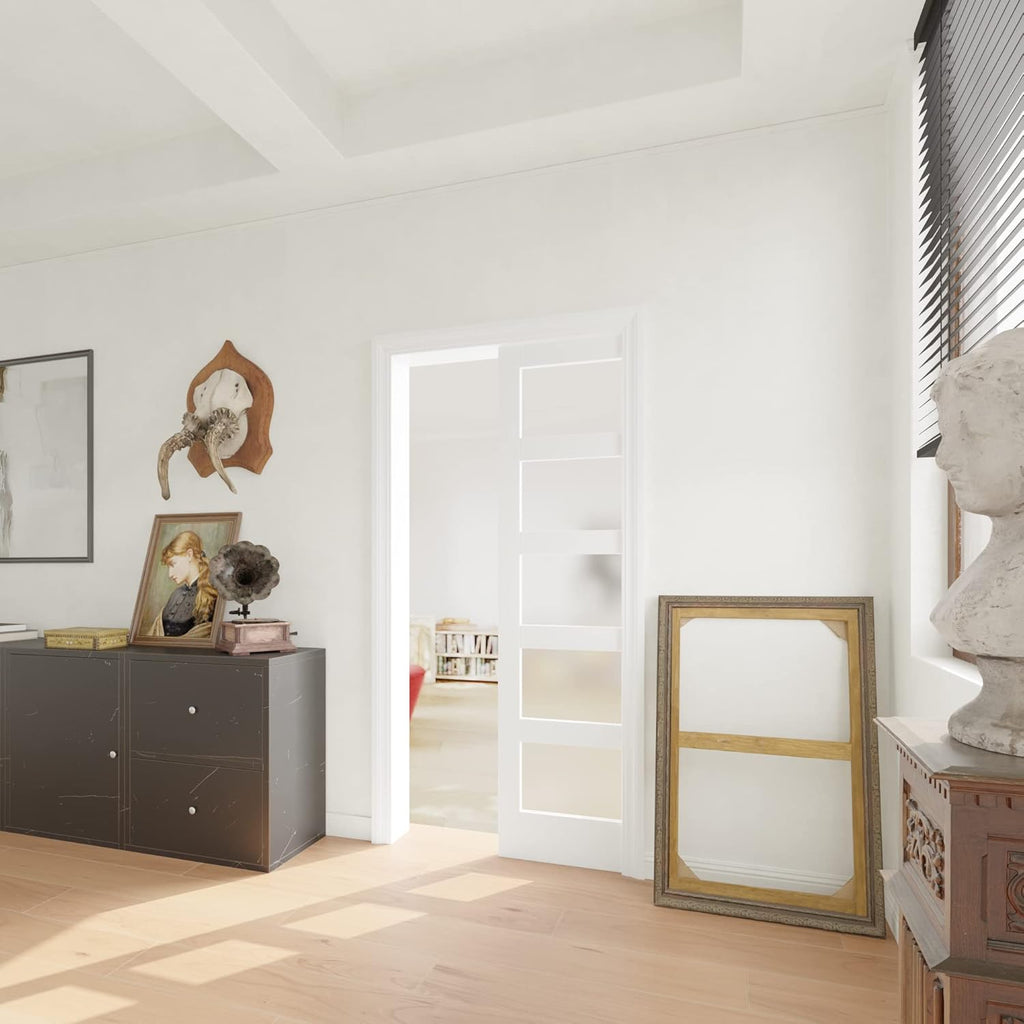Sliding Pocket Door 32" x 80" - 5 Lites Tempered Frosted Glass Panels, Interior & Closet Single Door