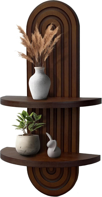 Wall Shelf with Arched Mid Century Boho Wall Decor Wood Design 2-Tier Wooden Floating Shelves for wall, Plant Wall