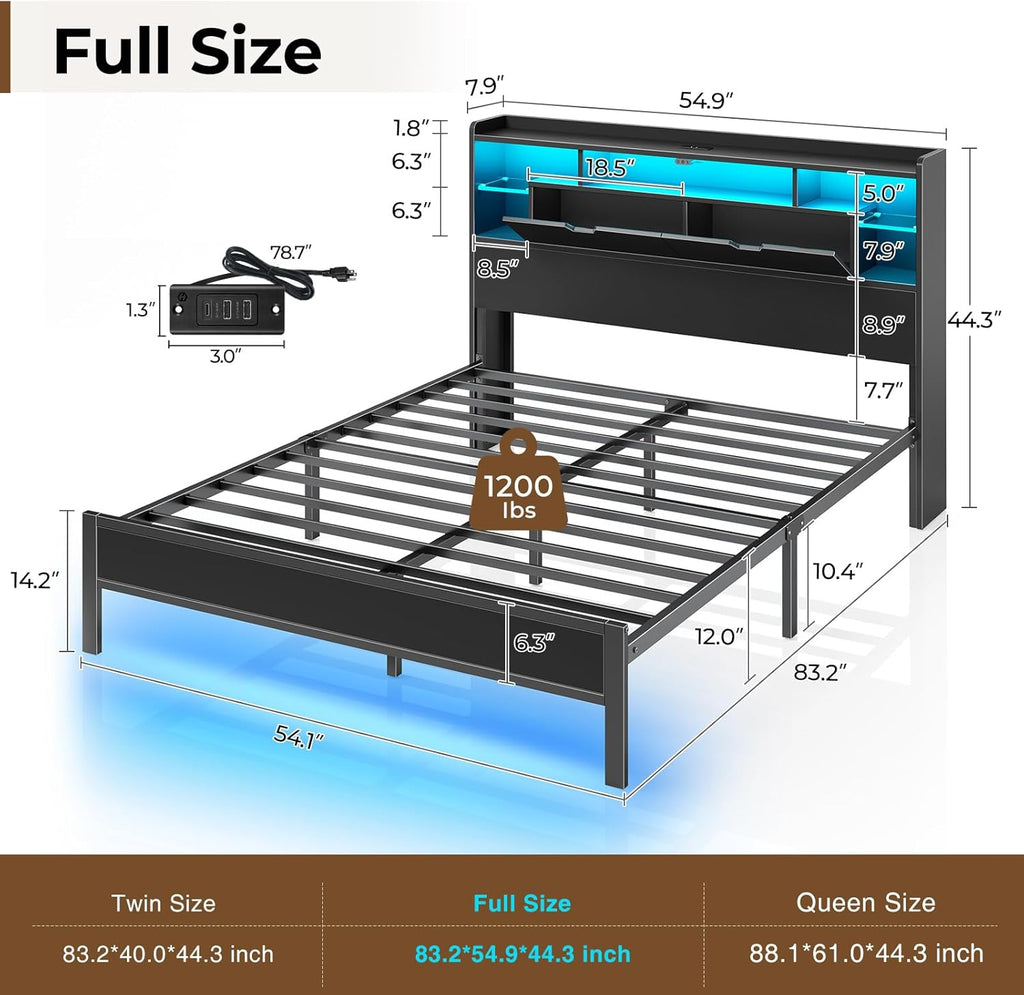 Full Bed Frame with Headboard, LED Bed with Bookcase Storage and Charging Station