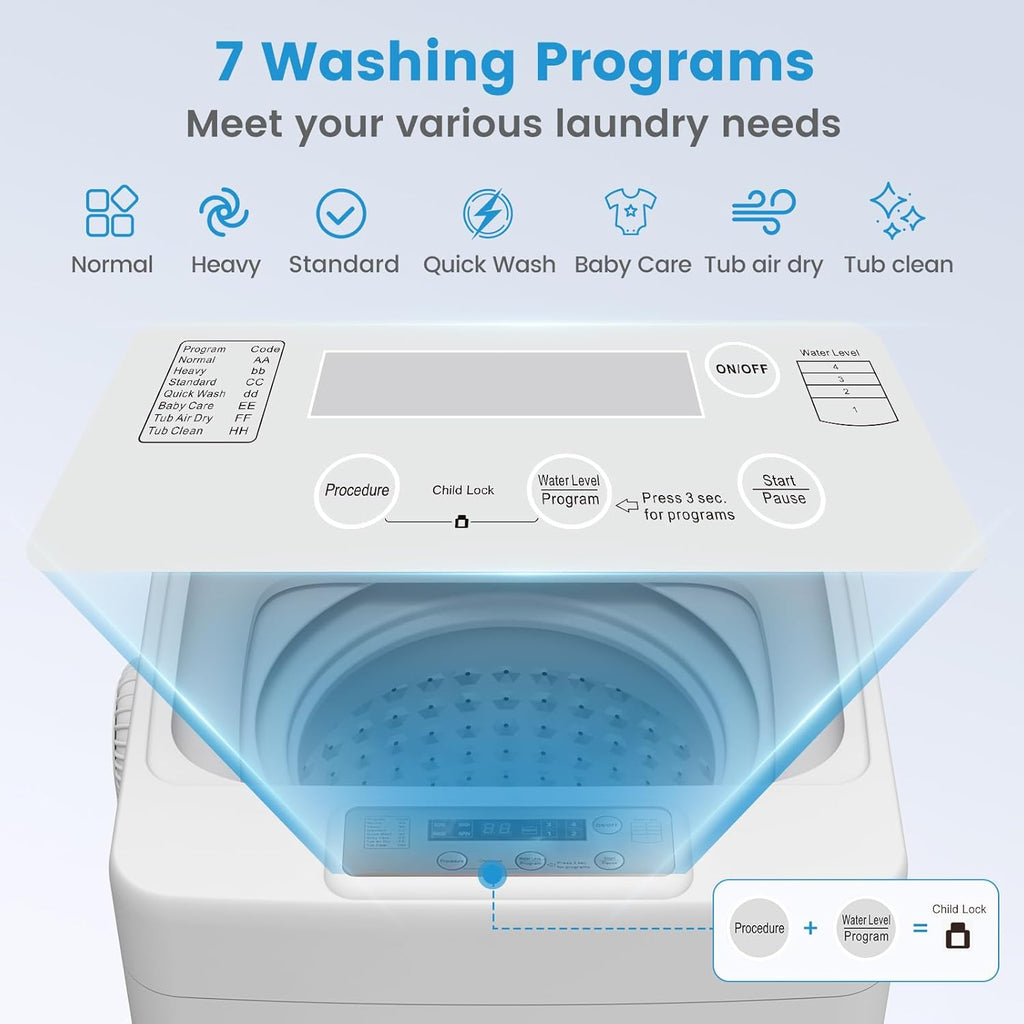 Portable Washing Machine, 20 Lbs Full-Automatic Portable Washer with 7 Wash Cycles, LED Display, Electric Laundry