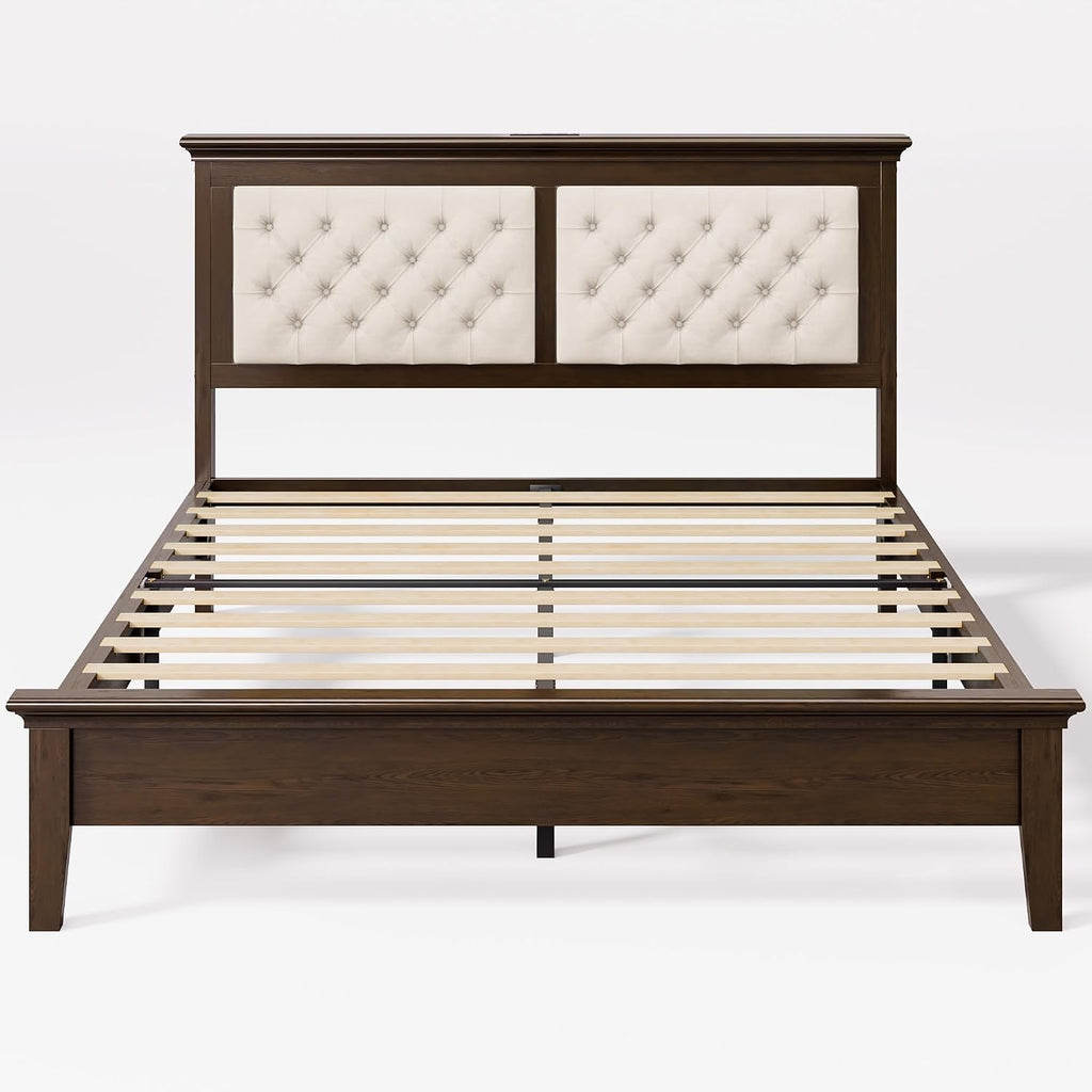 Solid Wood Queen Bed Frame 41.5" Tall Diamond-Tufted Upholstered Headboard, American Classic Flat-Top Bed, Stable