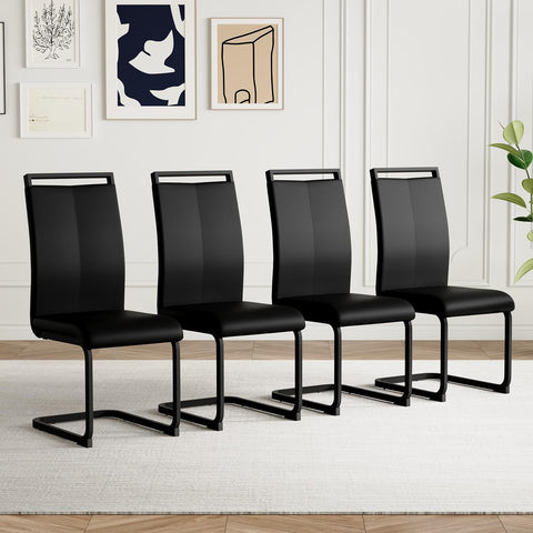 Modern Leather Dining Chairs Set of 4, Armless Upholstered Kitchen Chairs with Padded Seat and Chrome Legs, Black