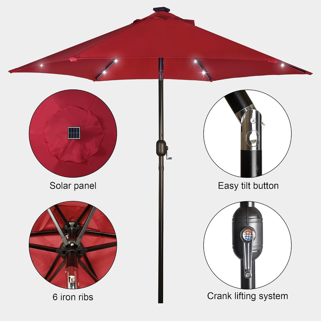 7.5 ft Solar Umbrella, 18 LED Lighted Patio Umbrella, Table Market Umbrella - Red