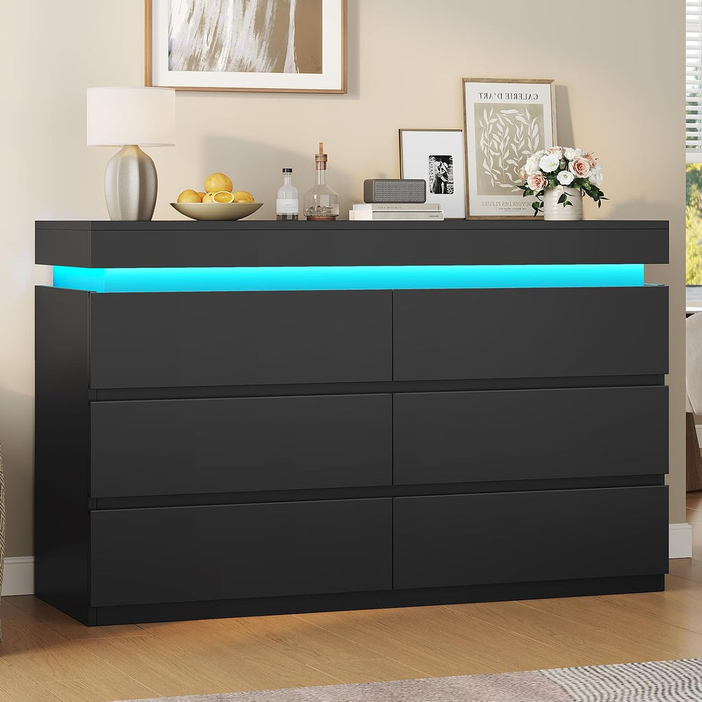 6 Drawer Dresser with LED Light,Black | Modern Chest of Drawers ,Closet Dressers with Drawers forLiving