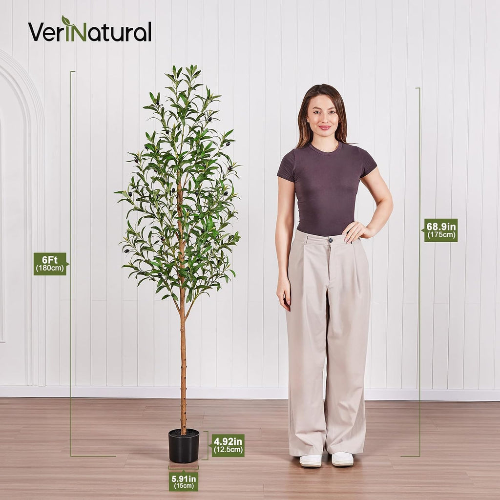 6FT Artificial Olive Tree Indoor - Real Wood Trunk Tall Faux Olive Tree, Large Fake Potted Plant Decor Living Room&