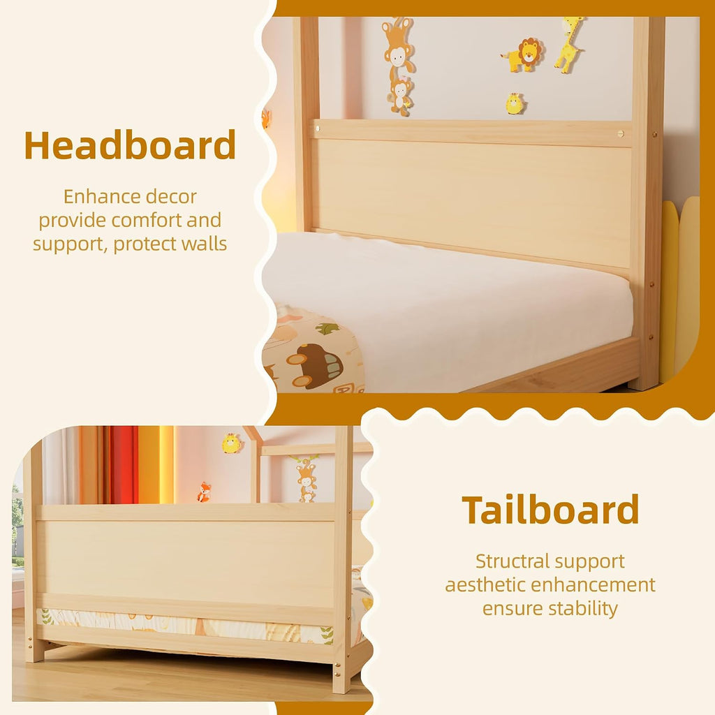 Twin Montessori Floor Bed Frame, Solid Wood Kids House Bed Without Rails, Open Concept Toddler House Bed with