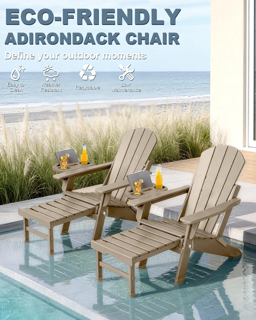 Adjustable Adirondack Chair Set of 2 with Retractable Ottoman, Brown | Folding HDPE Chair with Multifunctional Cup