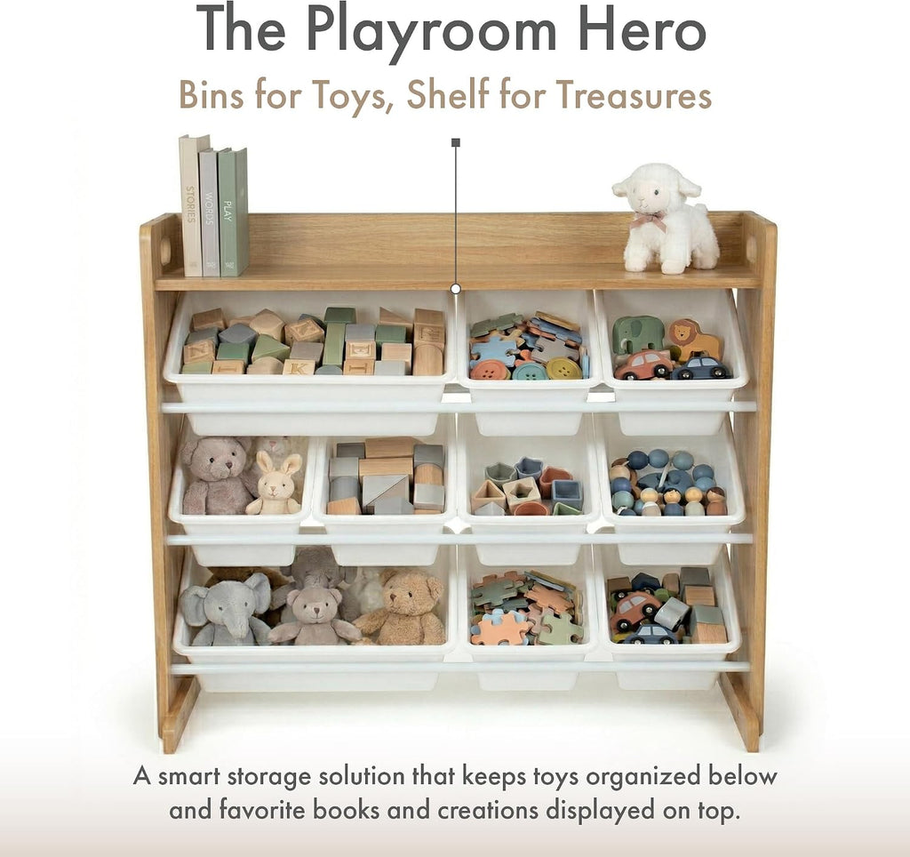 Kids Toy Organizer with Display Shelf, 9 Bins, 3 Tier Storage | Sturdy wood and steel toddler shelf, removable