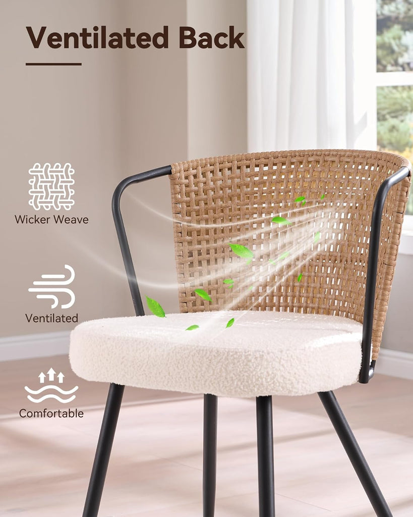 Rattan Dining Chairs Set of 2 - Farmhouse Upholstered Cane Back Kitchen Chair with Boucle Cushion