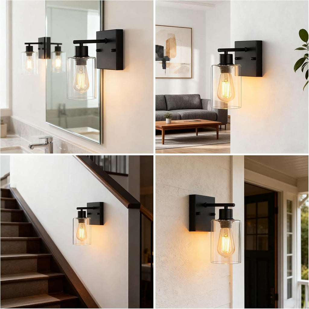 2-Pack Wall Sconces , Matte Black Vanity Lights, Modern Wall Light Fixture with Clear Glass Shade, Farmhouse