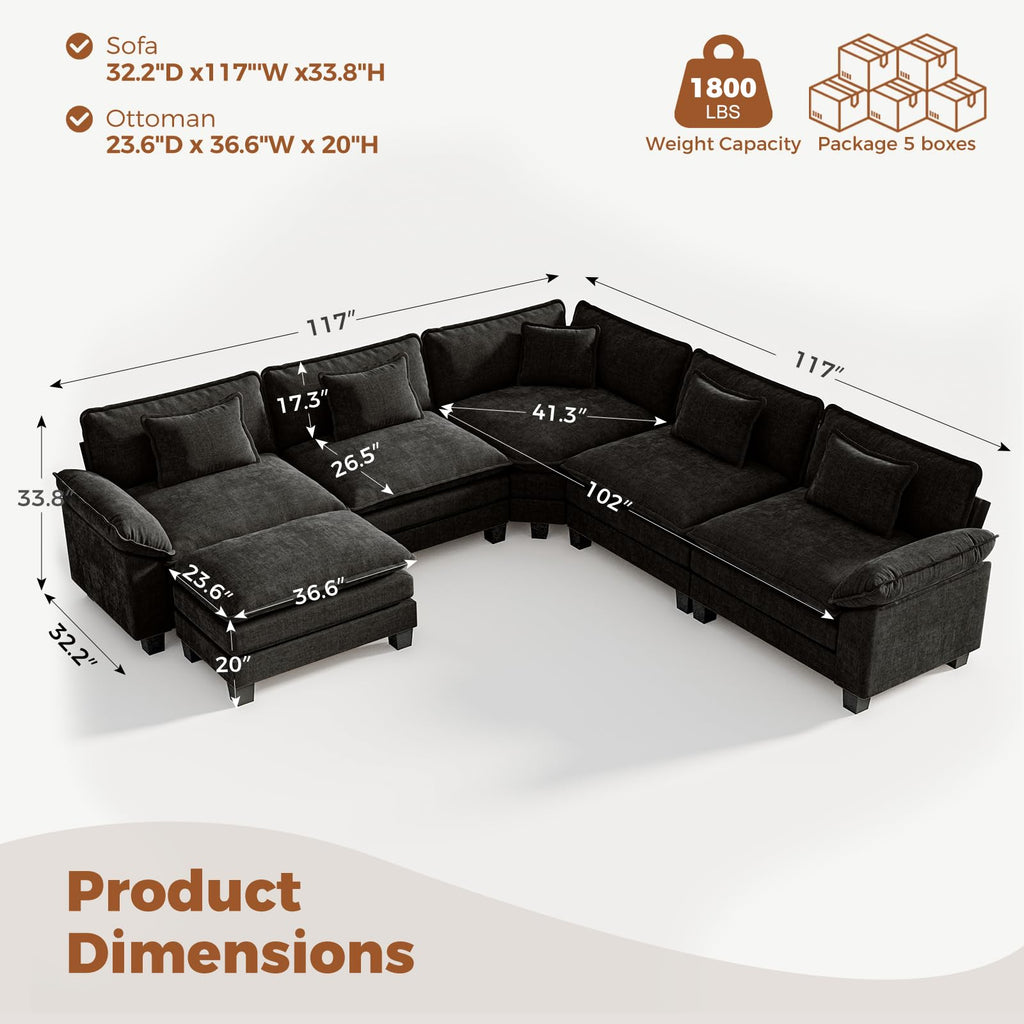117" Oversized V-Shaped Modular Sectional Cloud Couch with Corner, Comfy 6-Seat Sofa w/Ottoman, Chenille Deep Seat