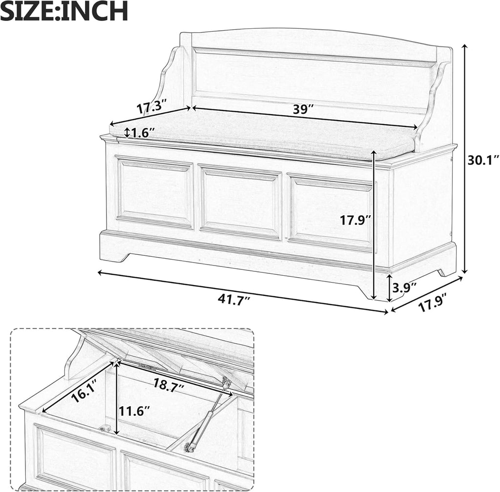 Rustic Entry Storage Bench with Hidden Compartments and Removable Cushion, Wooden Entryway Hallway Foyer Shoe Bench