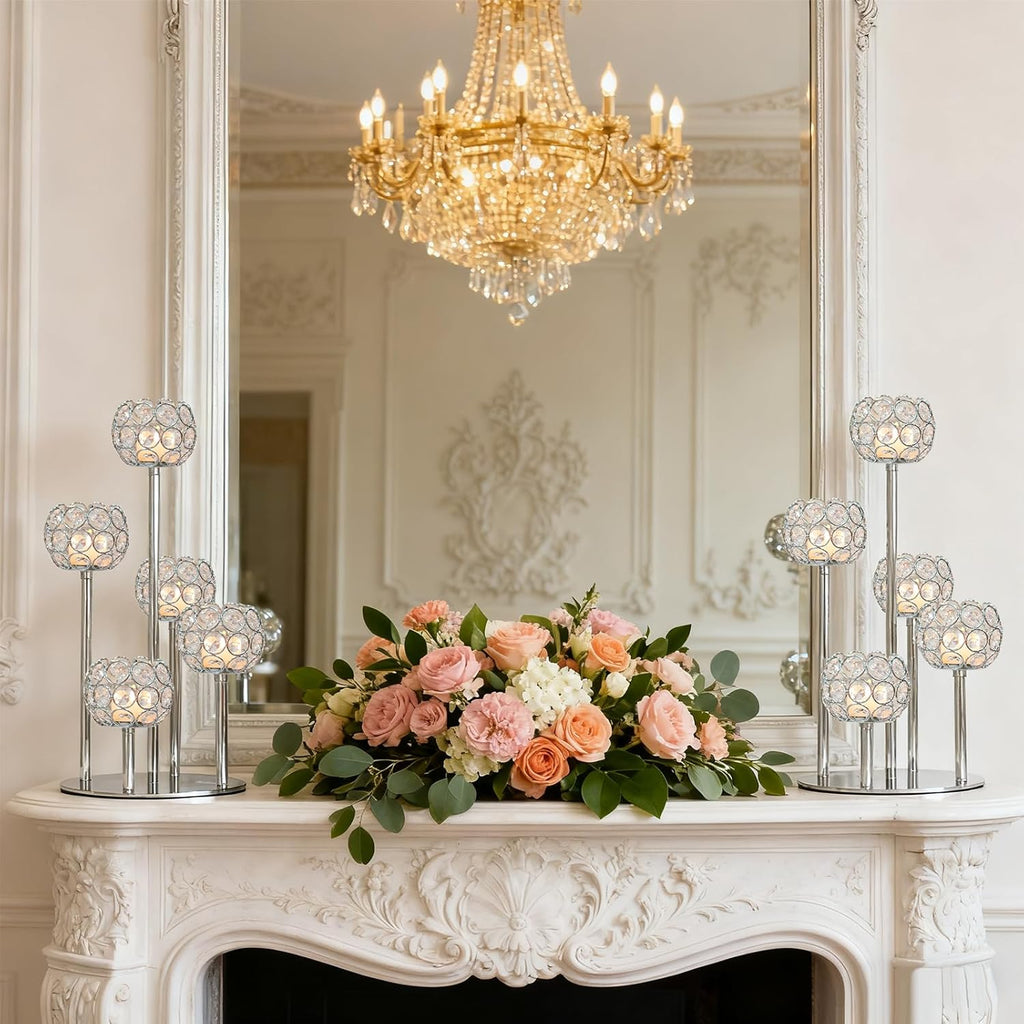 5-Arm Crystal Tealight Candelabra Centerpiece, 14.8 Inch Metal Candle Holder for Table Decor, Wedding, Christmas