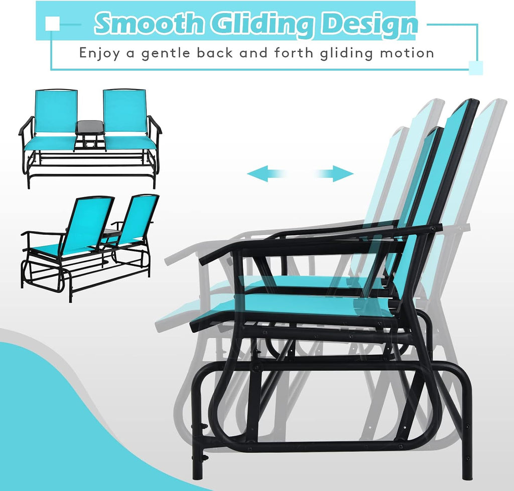 2 Person Outdoor Glider Bench w/Tempered Glass Table, Swing Patio Glider Chair with Steel Frame & Breathable Seat
