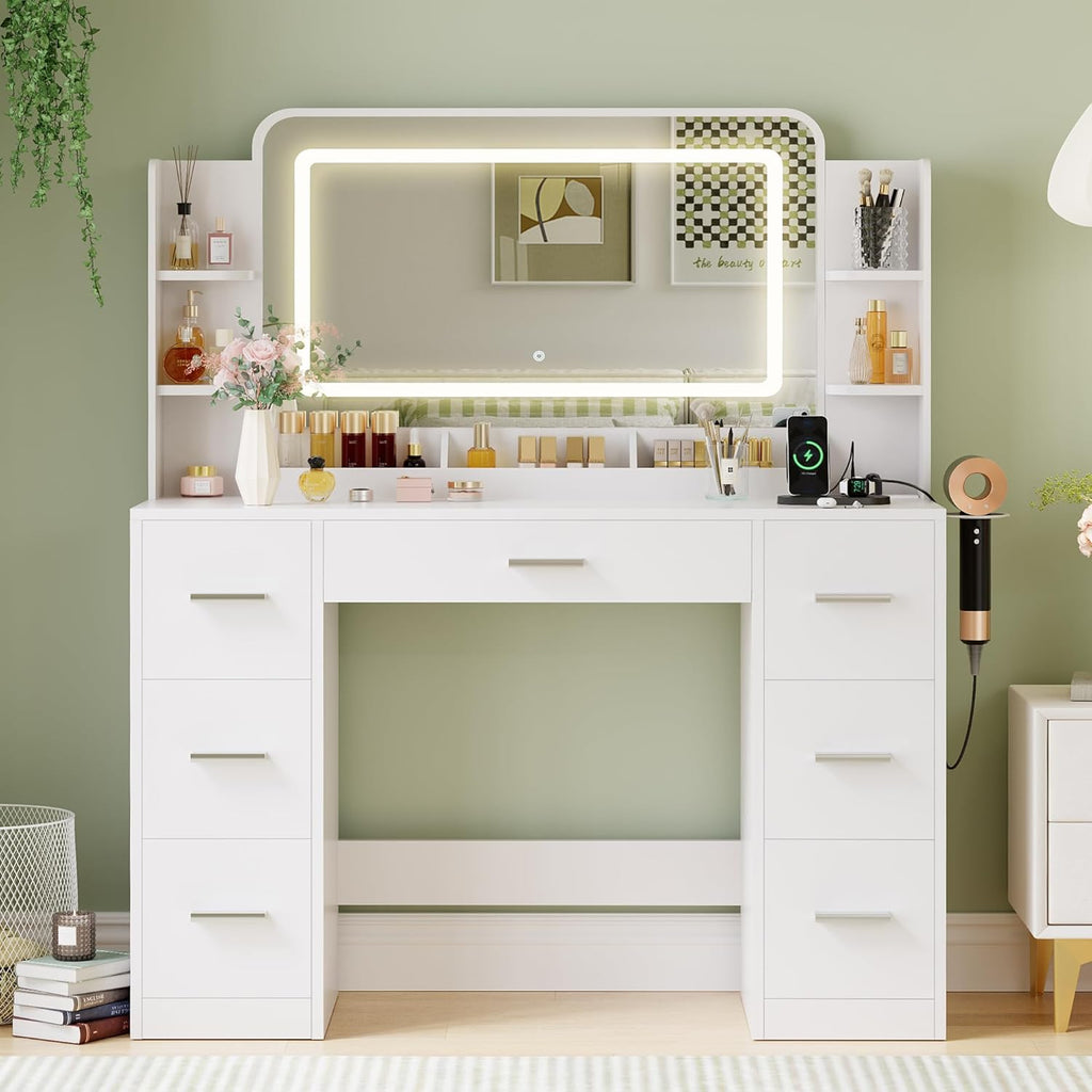 Makeup Vanity Desk with Large Mirror and LED Lights, Vanity with Power Strip and Hairdryer Holder, 6 Open Shelves and
