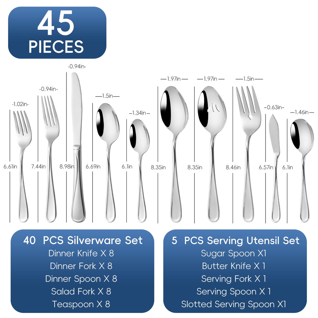 45 Piece Flatware Set for 8 Stainless Steel 18/10, Heavy Silverware Set