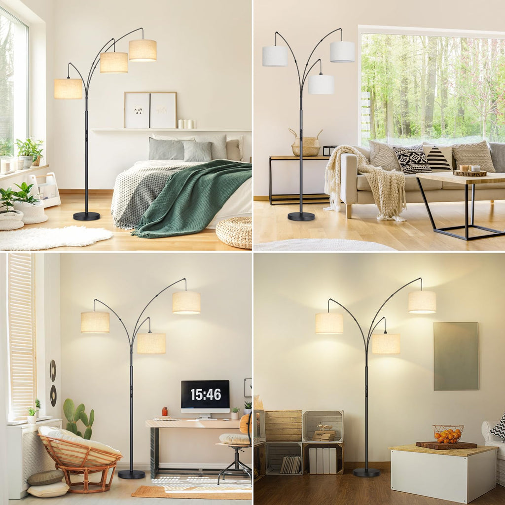 Arc LED Floor Lamp with Remote & Touch Control, Dimmable Modern Black 3 Light Arched Tall Floor Lamp, Mid Century
