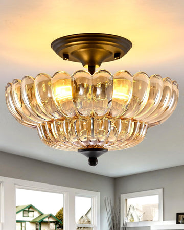Black Semi Flush Mount Ceiling Light with Amber Glass Shades, 3-Light Modern Farmhouse Chandelier , and Entryway