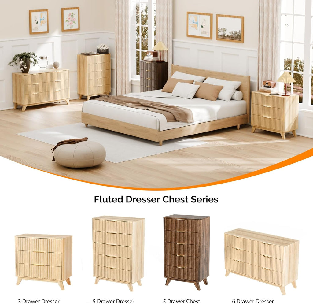 Fluted Tall Dresser 5 Drawer, 23.66" W Chest of Drawers, Walnut Wood Dresser Mid Century Modern with Rounded Edge